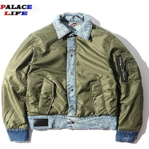 Durable Thick Patchwork Cotton Padded Mens Jacket 2021 Winter Ripped Denim High Street Jacket Double-sided Wear Men Green Black