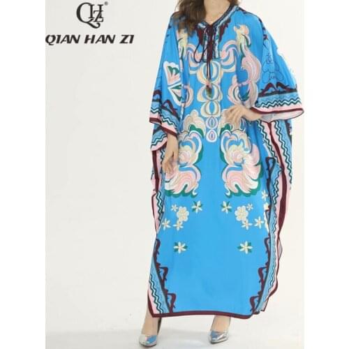Qian Han Zi 2020 designer fashion runway maxi dress Womens V-neck Graphic Print Loose Bat Casual Holiday Long Dress