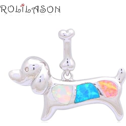 ROLILASON Hot sell Excellent Lovely Dog Women Color Blue Fire Opal Silver Stamped Pendants Fashion jewelry OP451