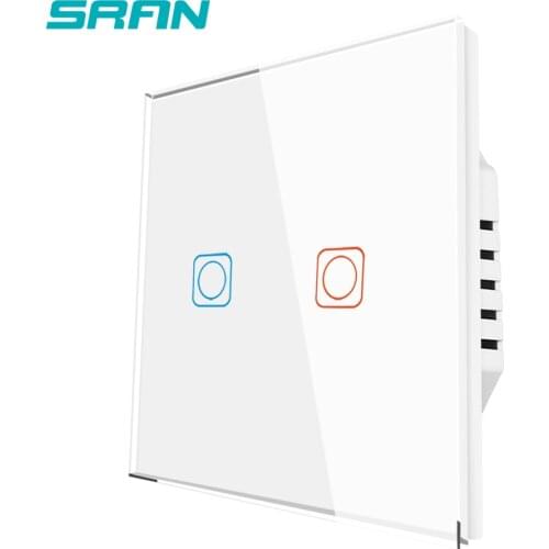 SRAN Luxury Wall Touch Sensor Switch,EU Standard Led Light Switch 220v, Switch Power Black Crystal Glass,2Gang 1Way Switch 82*82