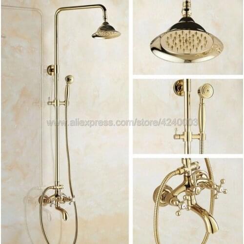Luxury Gold Brass Wall Mounted Bathroom Shower Set Faucet with Hand Sprayer Dual Handles Bathtub Mixer Tap Kgf447