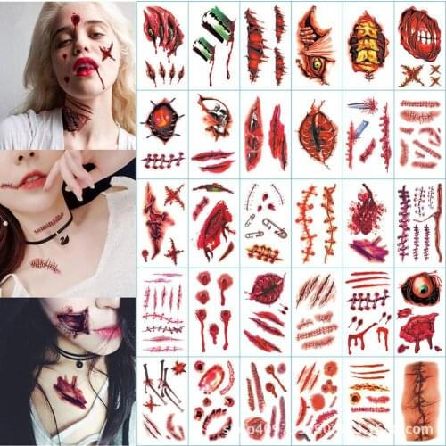30PCS Halloween Temporary Tattoo Sticker Long Lasting Horror Realistic Stitch Scar Wound Body Stickers Body Art 2020