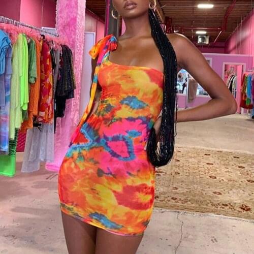 Women Summer Sexy Sleeveless Bodycon Mini Dress One Shoulder Lace-Up Bandage Boho Colorful Tie-Dye Printed Beach Party Clubwear
