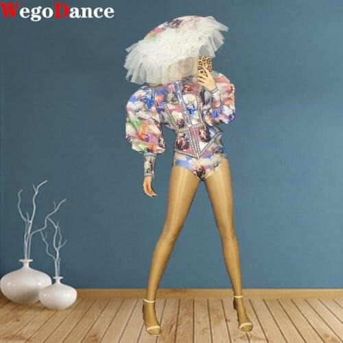 Sexy Colorful Print Long Sleeve Shirt Costume Stage Jacket Dance Birthday Clothing Women Rave Show Wear Suit