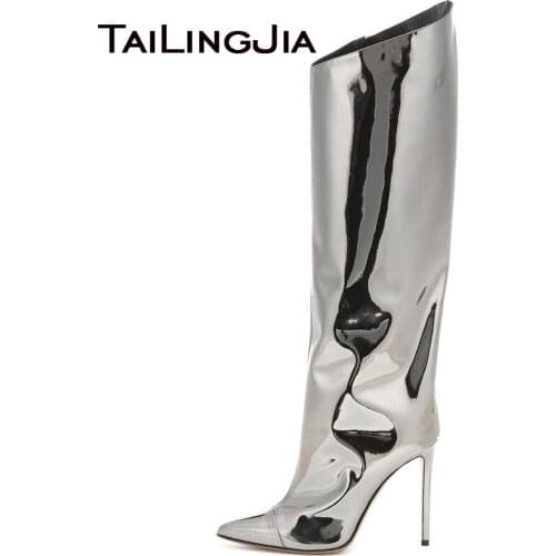 Knee High Boots Women High Heel Long Boot Blink Silver Gold Patent Leather Sexy Pointed Toe Party Evening Night Club Shoe 2019