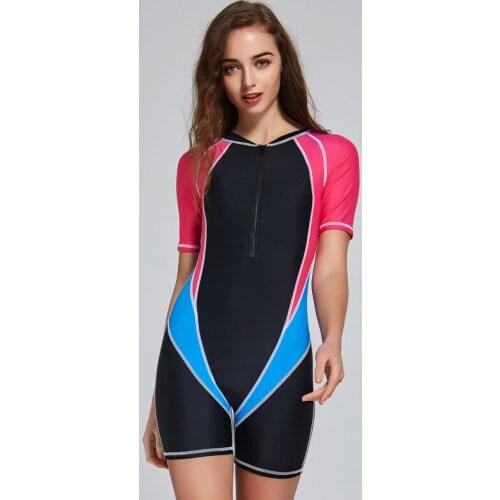 Women Dive Skin Front Zipper Surf Swimsuit One Piece Swimwear Lycra Short Sleeve Shorty Wetsuit Rash Guard Surfing Scuba Diving