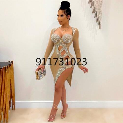 2021 Autumn Womens Fashion European And American Sexy Hot Drill Hollow Out Long Sleeve Irregular Dress VK2123