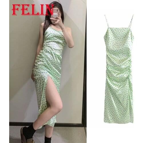 Women Sexy Side Split Midi Dress Za 2021 Pleated Dot Print Vintage Cami Dress Elegant Stylish Party Mujer Vestidos