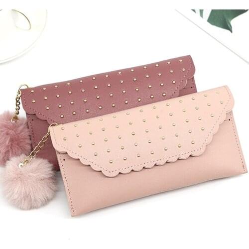 1pc Fashion Rivet Hasp Long Ladies Wallet Card Holder PU Leather Wallet with Fur Ball Ornaments Phone Bag