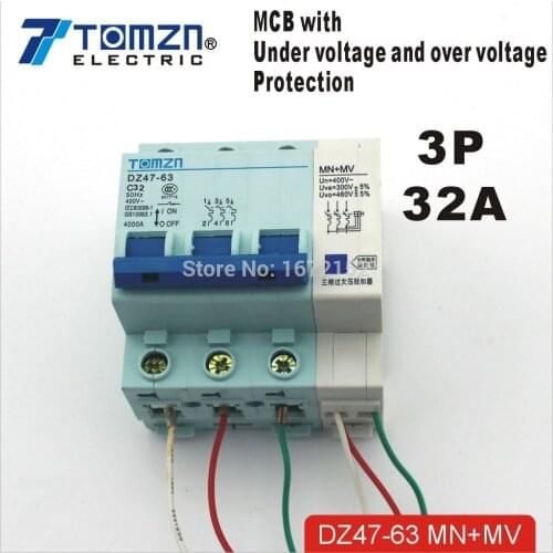 3P 32A 400V~ 50HZ/60HZ MCB MV+MN with over voltage and under voltage protection Mini Circuit breaker