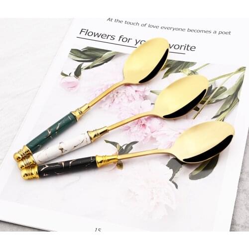 4/6Pcs Creative Imitation Marble Spoon Set Stainless Steel Dinner Spoon Mirror Gold Dinnerware Cutlery Set Kitchen Tableware Set