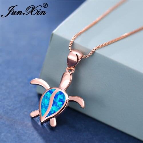 Cute Animal Turtle Pendant Blue White Fire Opal Necklaces For Women Rose Gold Chain Wedding Necklace Birthstone Choker Jewelry