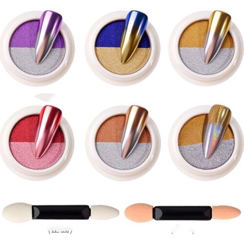 6Jars/Set Dual Colors Solid (Magic Mirror Nail Powder Pigment )Holographic Laser Nail Glitter Two Colors Titanium Chrome Powder