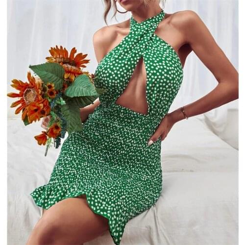 CHRONSTYLE Summer Dress Dot Print Halter Fashion Summer Dress Sleeveless Party Club Hollow Out 2021 Streetwear Backless Vestidos