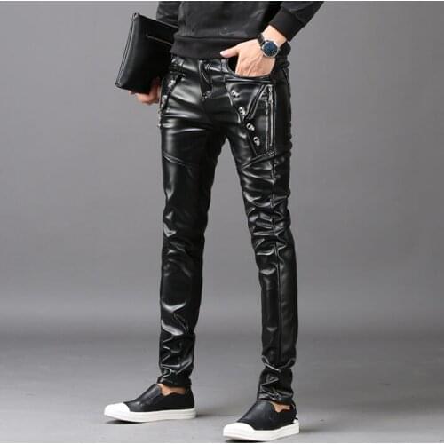 Black personality fashion motorcycle faux leather pants mens feet pants Plus velvet thickening pu trousers for men autumn winter