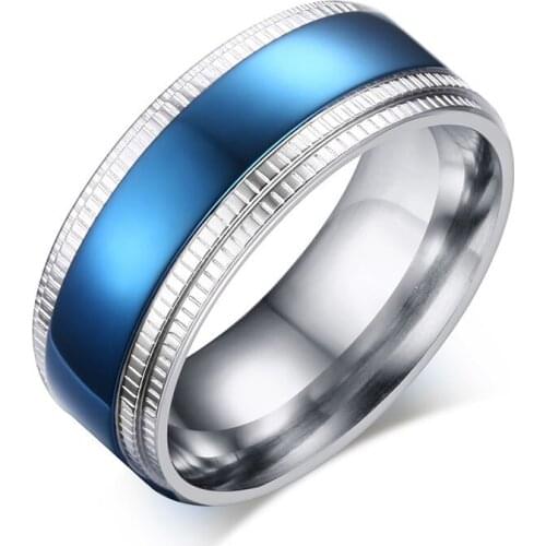 EAMIOR Beautiful Charm Blue Silver Plated 8 mm Zipper Shape Men Ring Stainless Steel Jewelry Individual Christmas Valentine Gift