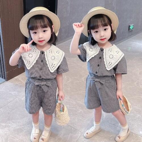 New Plaid Bow Decoration Girls Sets Short Sleeve Korean Style Baby Kids Summer Casual Clothes for 0-7 Year Kids Suit Two Pieces