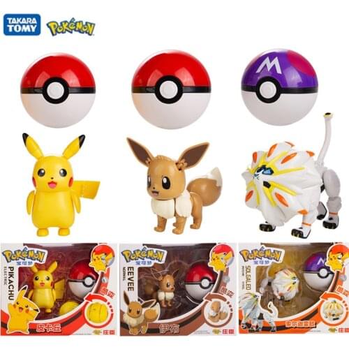 Original Pokemon Pokeball Deformation Toy Set Anime Figure Eevee Pikachu Solgaleo Model Pocket Monster Kids Birthday Gifts