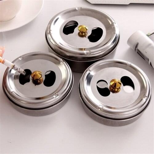 Practical Stainless Steel Smoking Ashtray Lid Rotation Fully Enclosed Ashtray