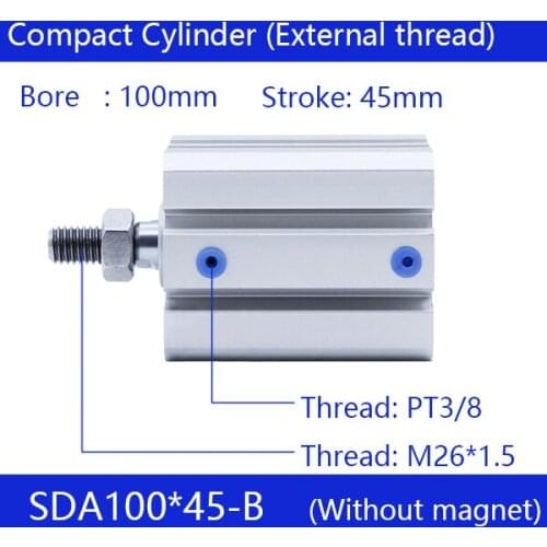 SDA100*45-B Free shipping 100mm Bore 45mm Stroke External thread Compact Air Cylinders Dual Action Air Pneumatic Cylinder