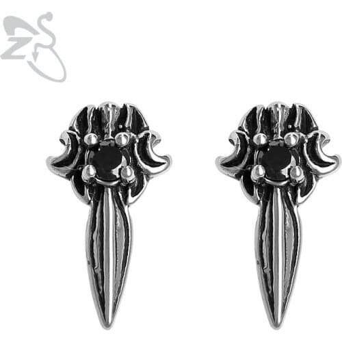ZS Small Punk Sword Stud Earrings for Men Women 316L Stainless Steel Jewelry Fashion Hip Hop Earring with Black Zirconia 1 Pair