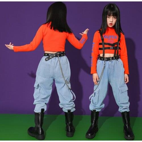 Hip Hop Dancewear For Kids Orange Cheerleader Costume Rave Dancer Outfits Jazz Dance Clothing Fashion Clothes 2 Piece Set JL2599