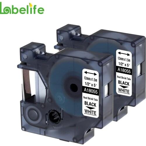 Labelife 2 Pack 18055 S0718300 Black on White 12mm for DYMO Rhino IND Heat Shrink Tubes LabelWriter and Industrial Label Makers