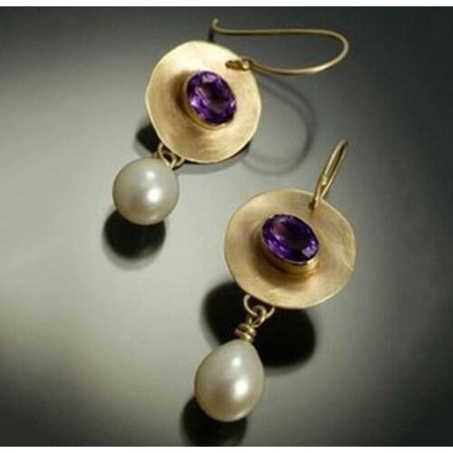 Vintage Simulated Pearl Drop Earrings For Women Elegant Trendy Purple Zircon Pendant Dangle Earring Gold Color Wedding Jewelry