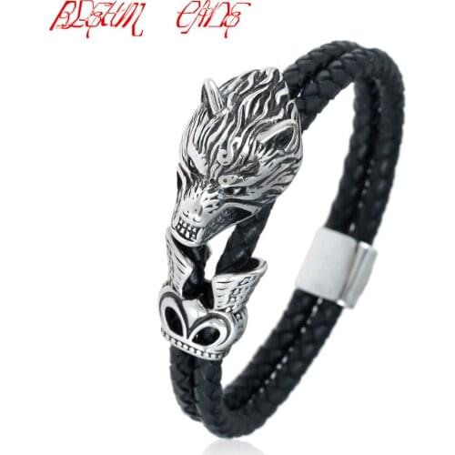 Vintage Black Leather Rope Chain Bracelets Stainless Steel Wolf Head Design Man Charm Bracelet