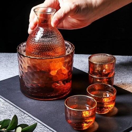 Japanese Hammered Pattern Glass Plum Wine Cup Fruit Wine Pot Amber Golden Edge Wine Set Sake Set Yellow Wine Cup Wine Warmer