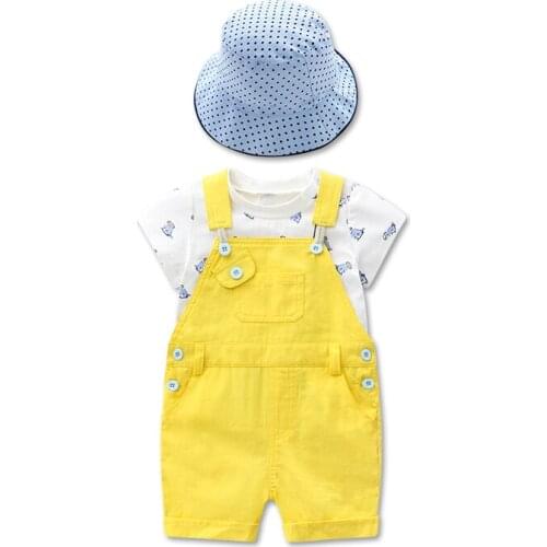 Baby Boy Yellow Clothes Set,Infant Short Sleeve + Tops+ Dot Dot cap + Overalls Outfits Suits
