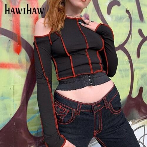 Hawthaw Women Autumn Fall Patchwork Long Sleeve Off Shoulder Black Skinny Slim T Shirt Short Tops Tees Clothes Casual 2020