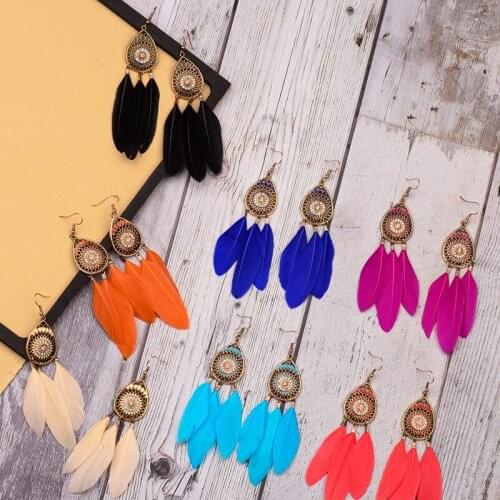 Amader Boho Blue&Red Feather Drop Earrings For Women Hollow Out Dripping Oil Vintage Summer Ladies Earrings Jewelry HQE938