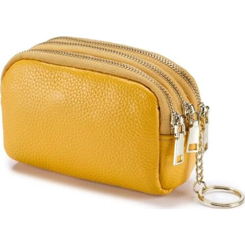 Womens Wallet Genuine Leather Zipper Multifunctional Coin Purse Female Solid Color Lychee Pattern Keychain Card Clutch Bag