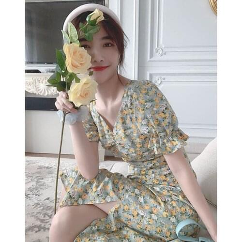 New Design Feeling Of Summer 2021 French Retro Minority Platycodon Grandiflorum Skirt Womens Print Daisy Dress