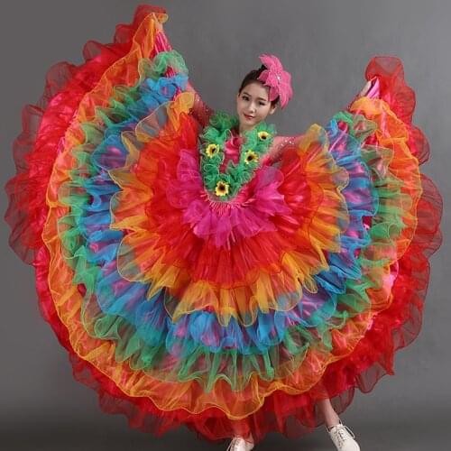 Mesh Long Sleeve Colorful Flamenco Party Dress Ballroom Dancing Dresses Women Spanish Clothes Gypsy Outfit Stage Wear DN3593