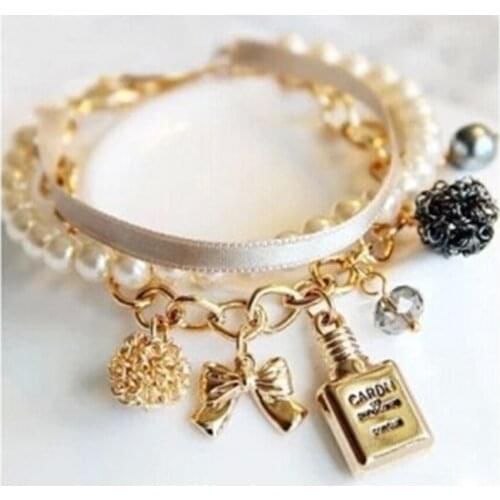 2020 Wrist Bracelet Imitation Pearl Ribbon Bow Bracelet European Perfume Bottle Multi-personality Retro Bracelet