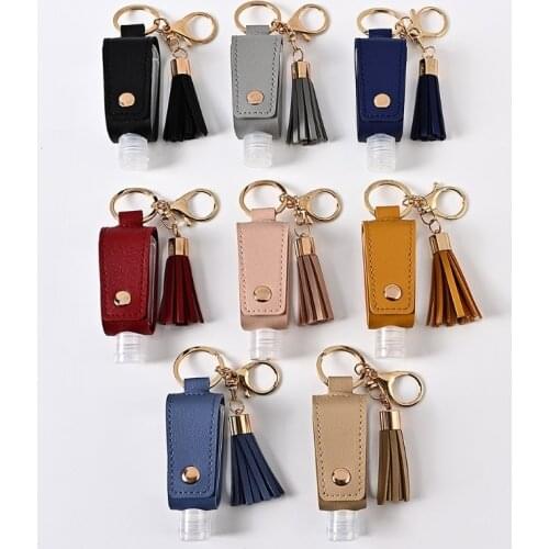 30ml Tassels Leather Keychain Holder Carriers With Portable Empty Leakproof Plastic Travel Bottle for Hand Sanitizer