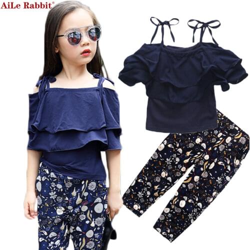 AiLe Rabbit Girls Fashion Suit Harness Pants 2 Pieces Lotus Leaf Tops Pants Cotton Summer Shoulder Apparel Kids 4-13y k1