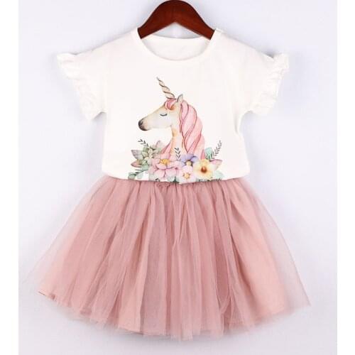 Dulce Amor Girls Unicorn Clothes Set 2019 Spring New Elegant Cartoon Shirt+Pink Tutu Skirt 2Pcs Clothing Suit Summer Outerwear