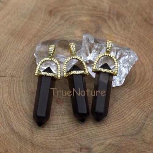 Double Terminate Hexagonal Bullet Pendant, Smoky Quartzs Crystal Point Pendant With Zircon Paved Cap Jewelry In 45*10 mm PM7405