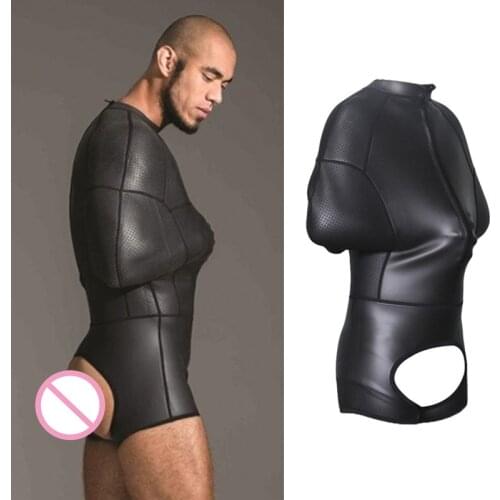 Rubber Gay Fetish Sissy Crotchless Pants BDSM Slave Open Crotch Bondage Prisoner Bodysuit Gay Wetlook Clothes for Adult Sex Game