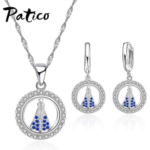 925 Sterling Silver Round Blue Dotted Crystal Shape Cubic Zirconia Made Earrings Necklace Jewelry Sets for Girl