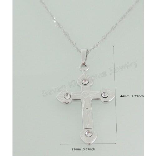 Min order 10$ can mix design/- WHITE - GOLD OVERLAY FILLED BRASS 18" NECKLACE & JESUS CROSS CZ STONE PENDANT HANGS 44MM