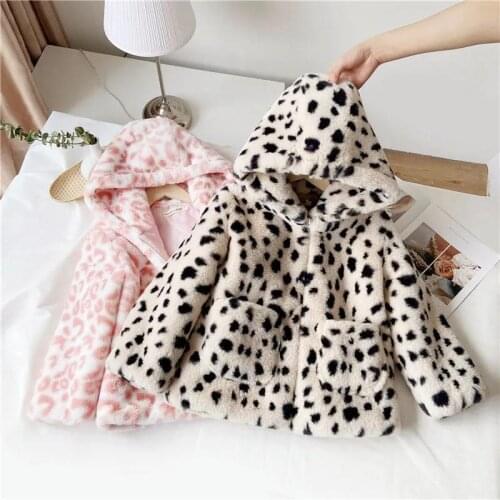 Leopard Faux Fur Coat Thick Baby Girl Winter Add Cotton Clothes Kids Jacket Coat Hooded Jackets Outerwear Teen Children Clothing