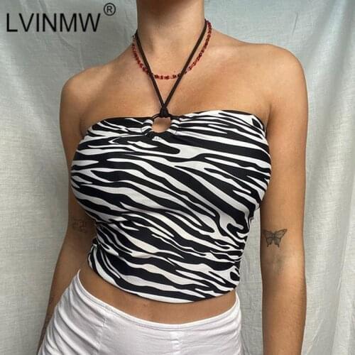 LVINMW Halter Strapless Zebra Skin Printed Chic Casual Crop Top Slim Sleeveless Trim Backless Tank Tops Women For Summer Street