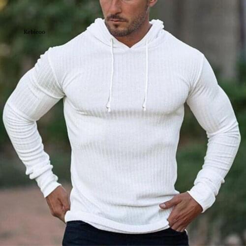 Men Casual Solid Knitted Hooded Sweatshirt Spring Fashion Long Sleeve Slim Track Hoodies Male Fitness Sports Pullovers