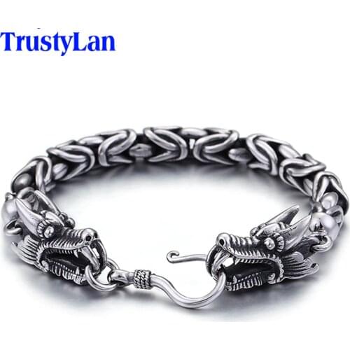 TrustyLan Punk Rock Double Dragon Heads Bracelet Men Vintage 316L Stainless Steel Male Jewelry Mens Bracelets 2018 Gift For Him