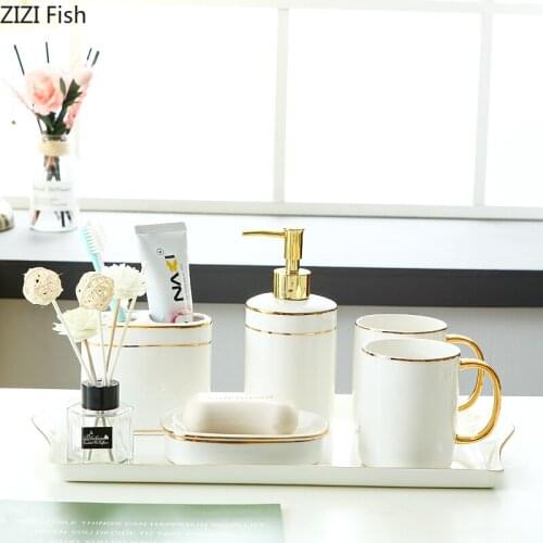 Bathroom Set with Tray Golden Stripes Ceramic Shower Gel Bottle Hand Washing Fluid Bottle Soap Dishes Mouthwash Cup Toiletries