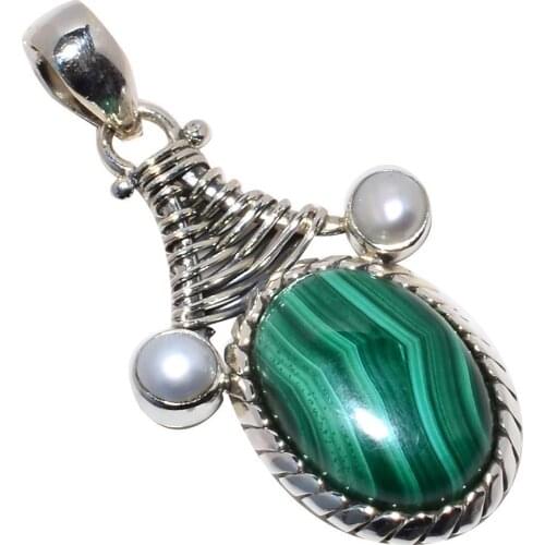 Nature Malachite + Pearl Pendant 925 Sterling Silver, 45 mm, MHBAP5691